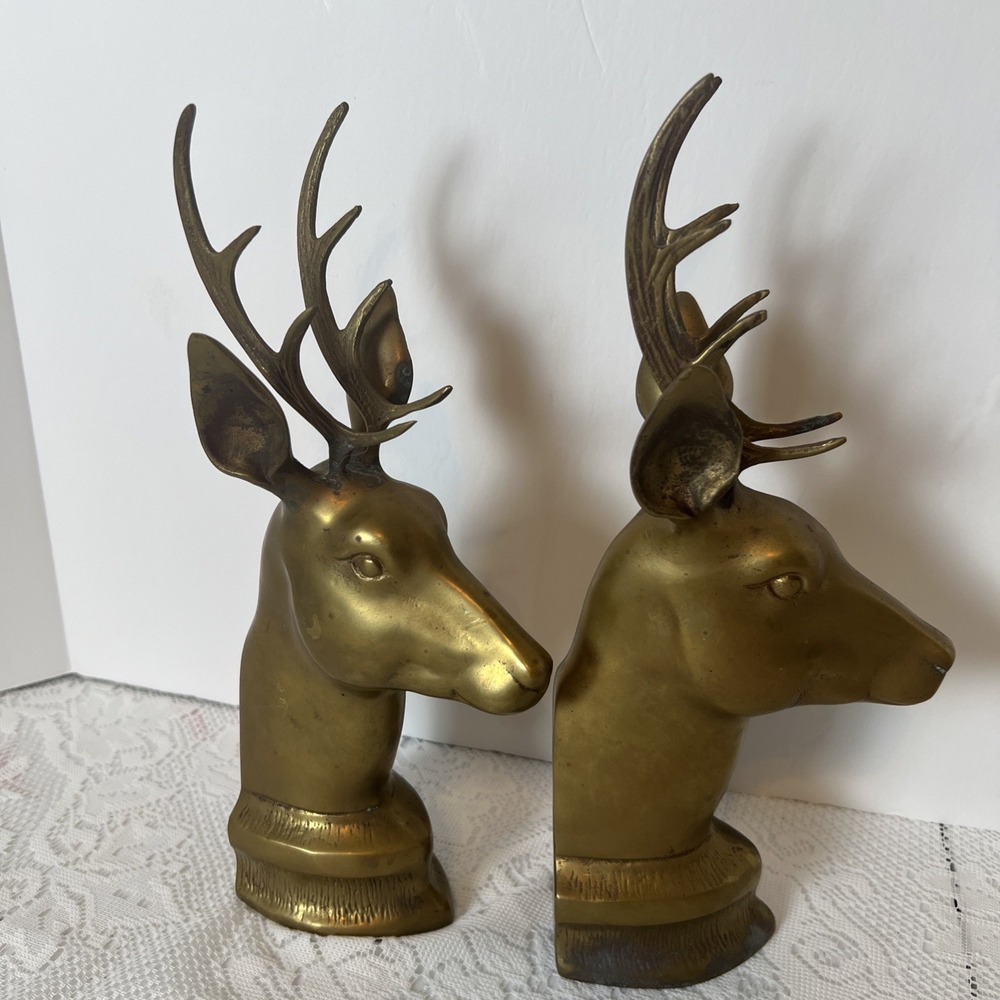 MCM Stag Brass Book Ends Vintage Deer Brass Heads Library Lodge Hunting 12" Tall - Picture 3 of 6